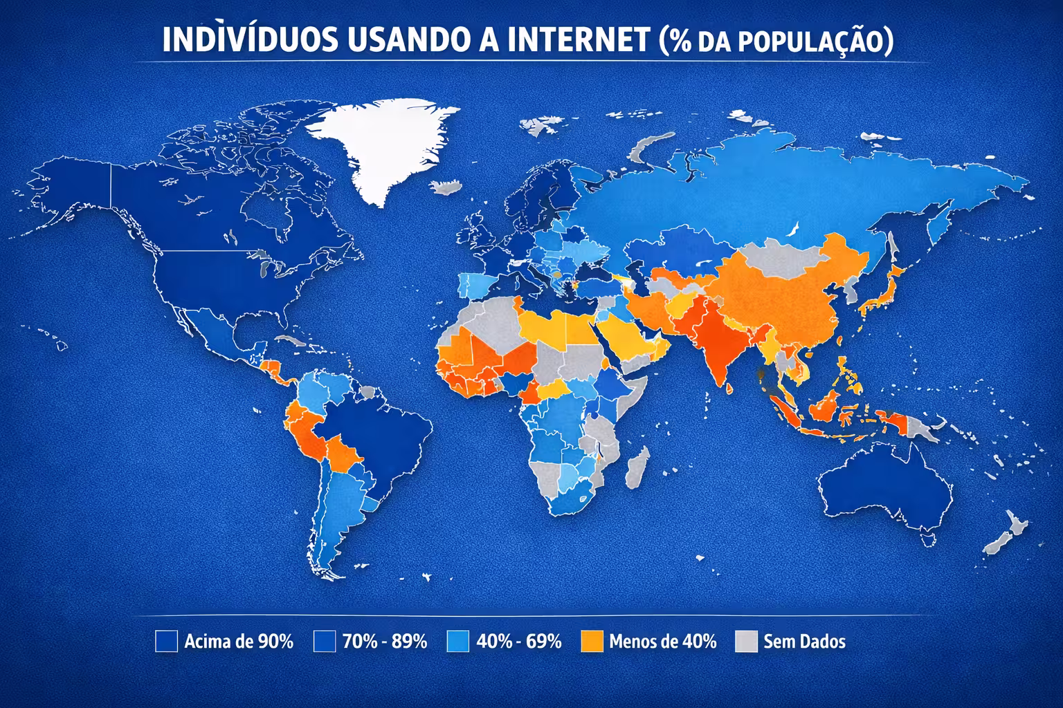 Mapa temático: indivíduos usando a internet em porcentagem da população, com variações por região do mundo.